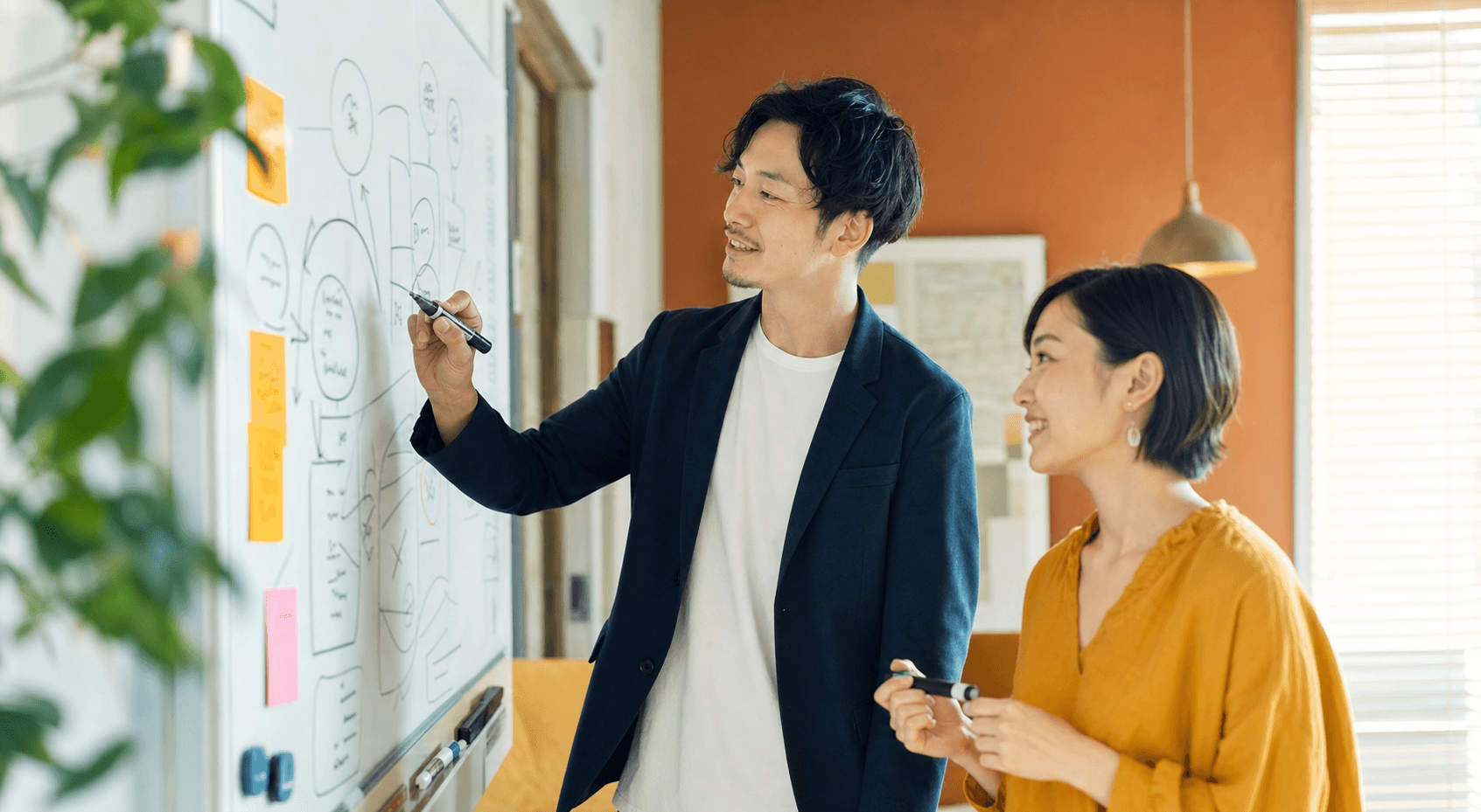 ホワイトボードを使って考えを言語化する様子